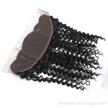 13x4 Swiss Lace Deep Wave Frontal Malaysian Human Virgin Hair Pre Plucked Transparent Swiss Lace Front Deep Curly With Baby Hair